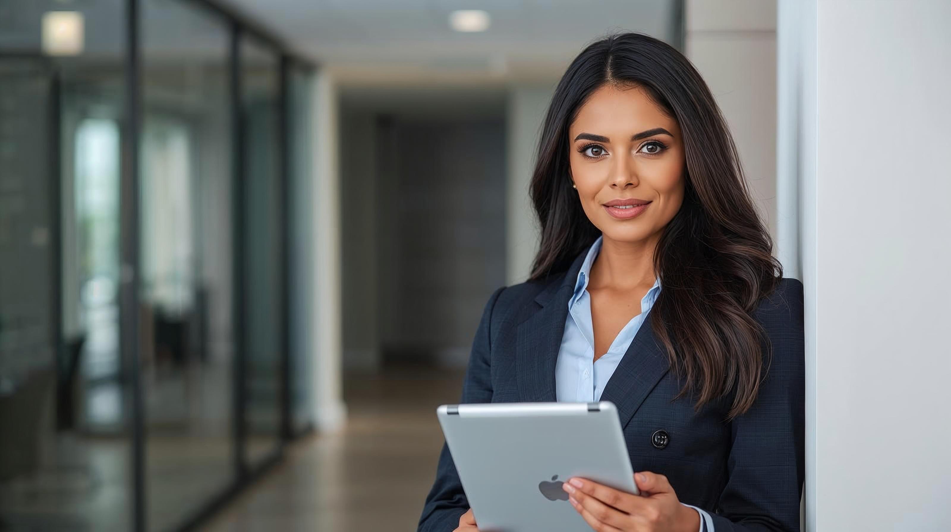 crea la imagen de una mujer profesional de 30 años, guapa con rasgos colombianos de pie en una oficina con una tablet en la manos.jpg